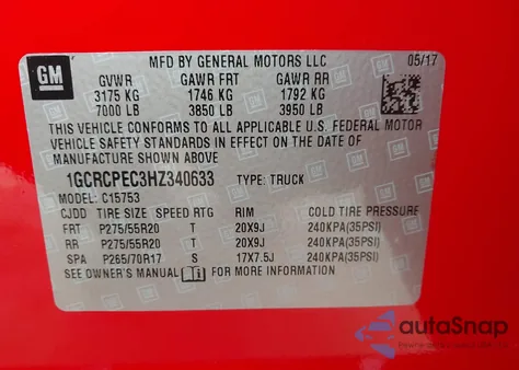 2017 Chevrolet Silverado 1500 Custom from USA, damaged, VIN 1GCRCPEC3HZ340633